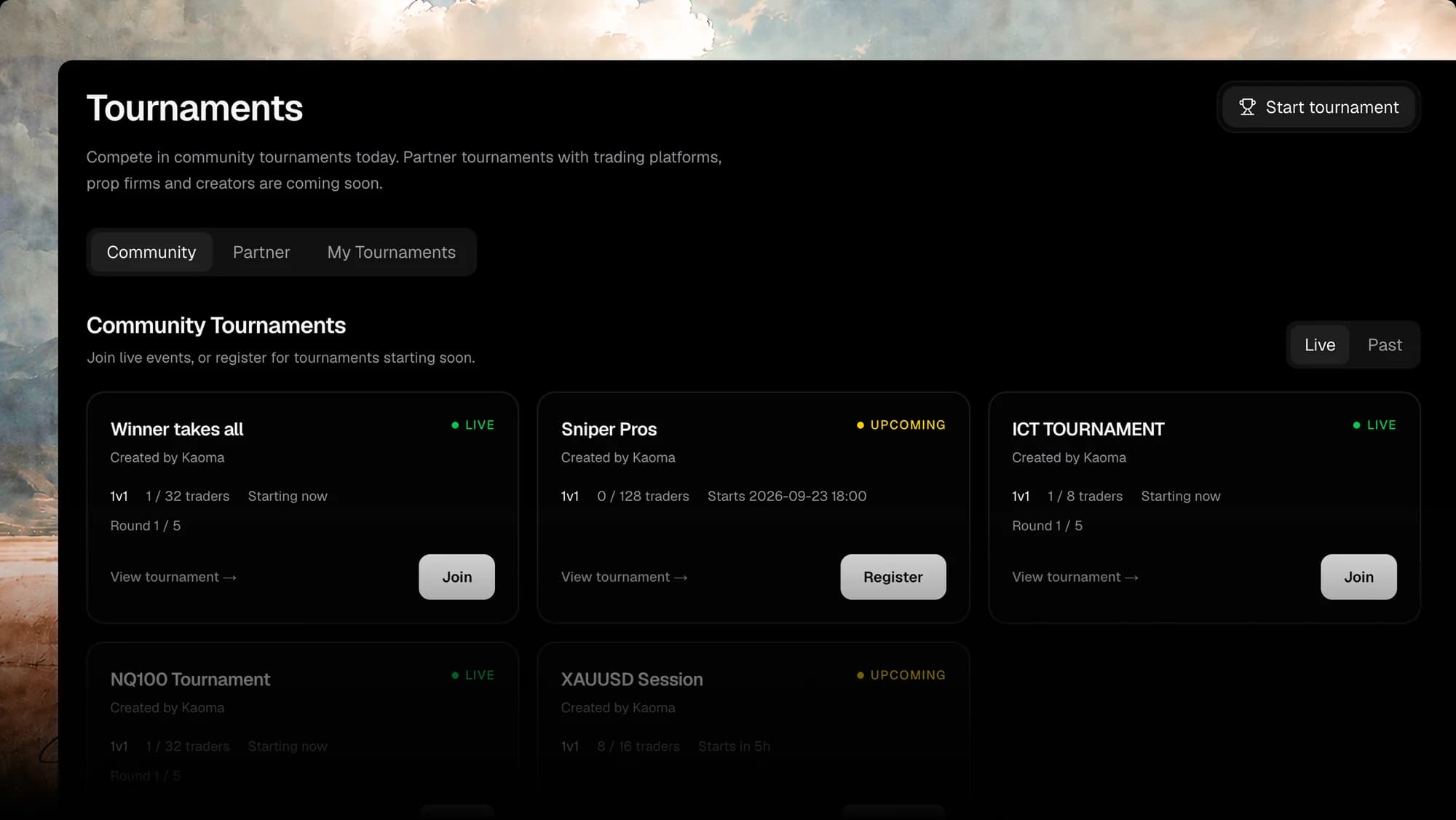 ICT Trading Tournament dashboard with live chart, prize pool, and top traders leaderboard