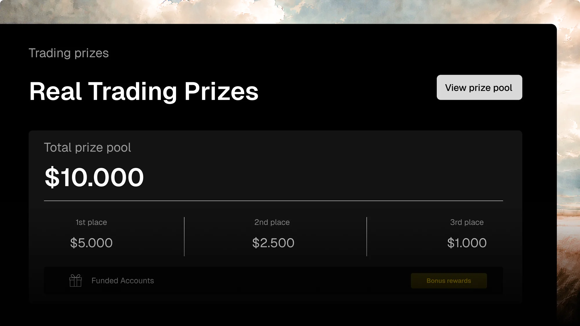 Real trading prizes dashboard with $10,000 total prize pool and place rewards